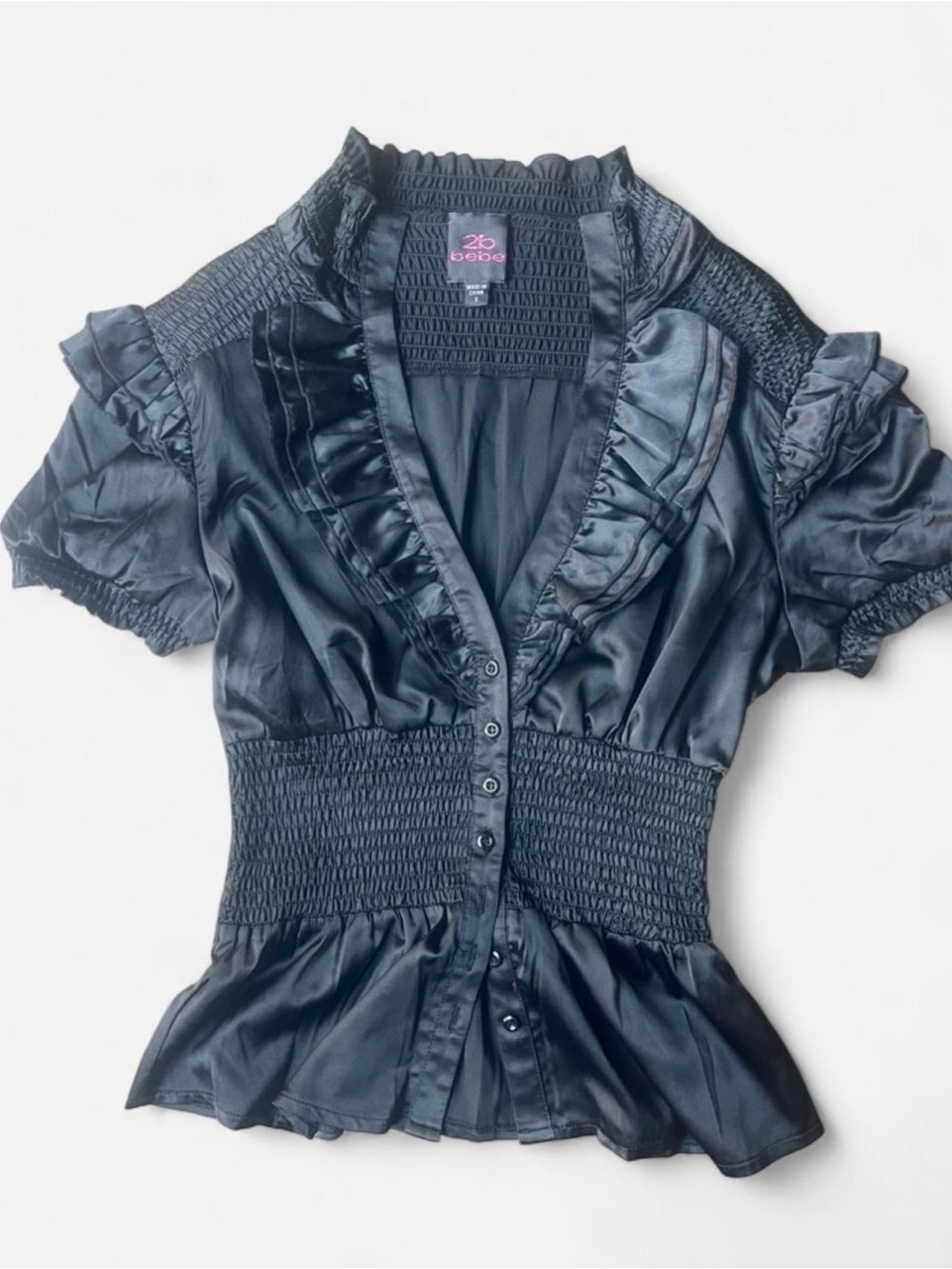 2b bebe Vintage Y2k Black Satin Smocked Ruffle Coquette Office Blouse Sz Small